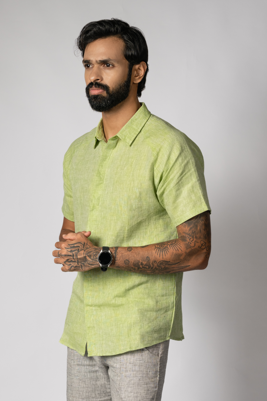 JOHAN Handloom Linen Green Raglan Sleeve Shirt for Men