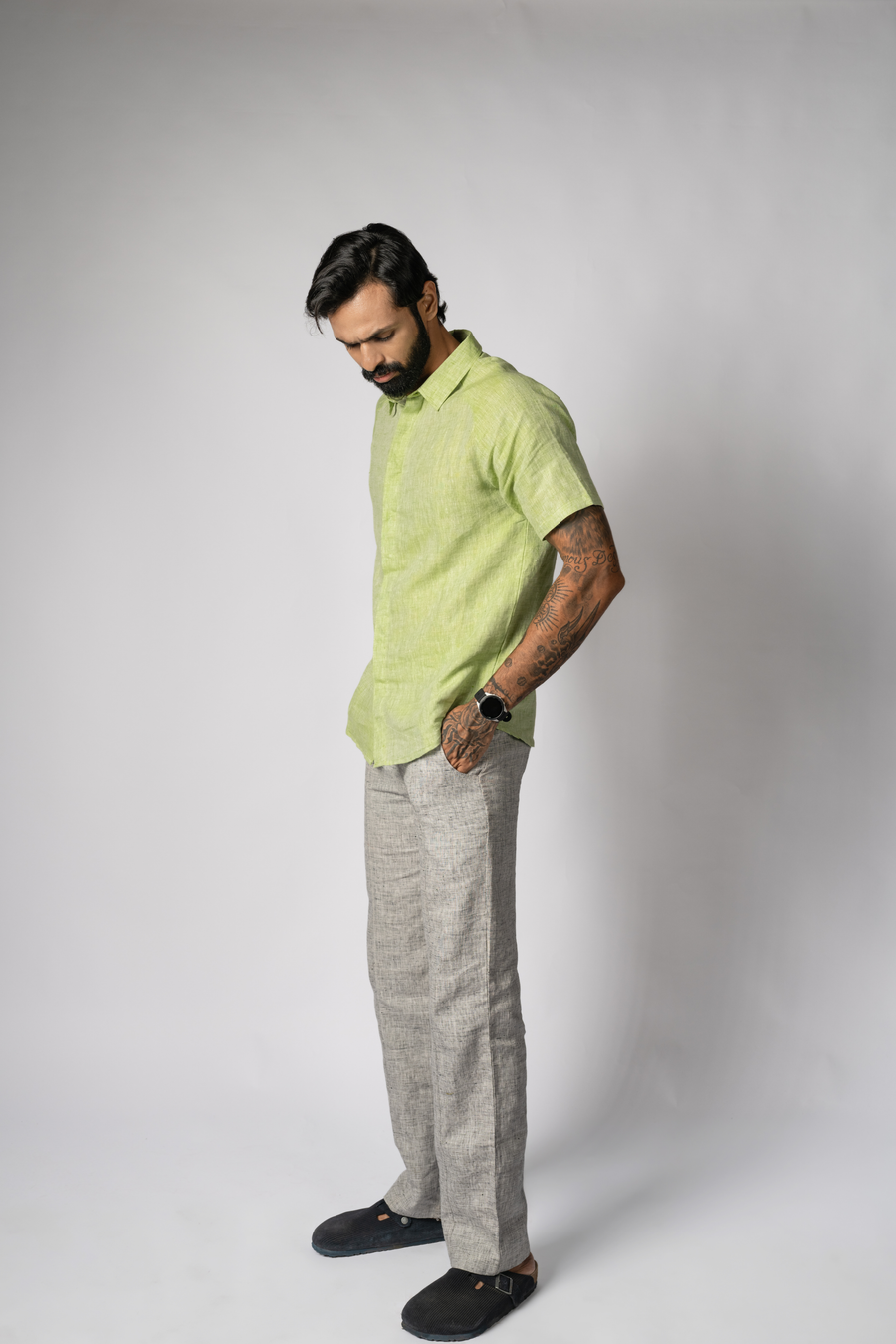 JOHAN Handloom Linen Green Raglan Sleeve Shirt for Men