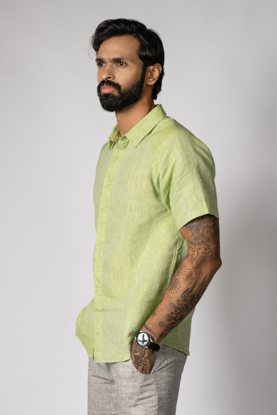 JOHAN Handloom Linen Green Raglan Sleeve Shirt for Men