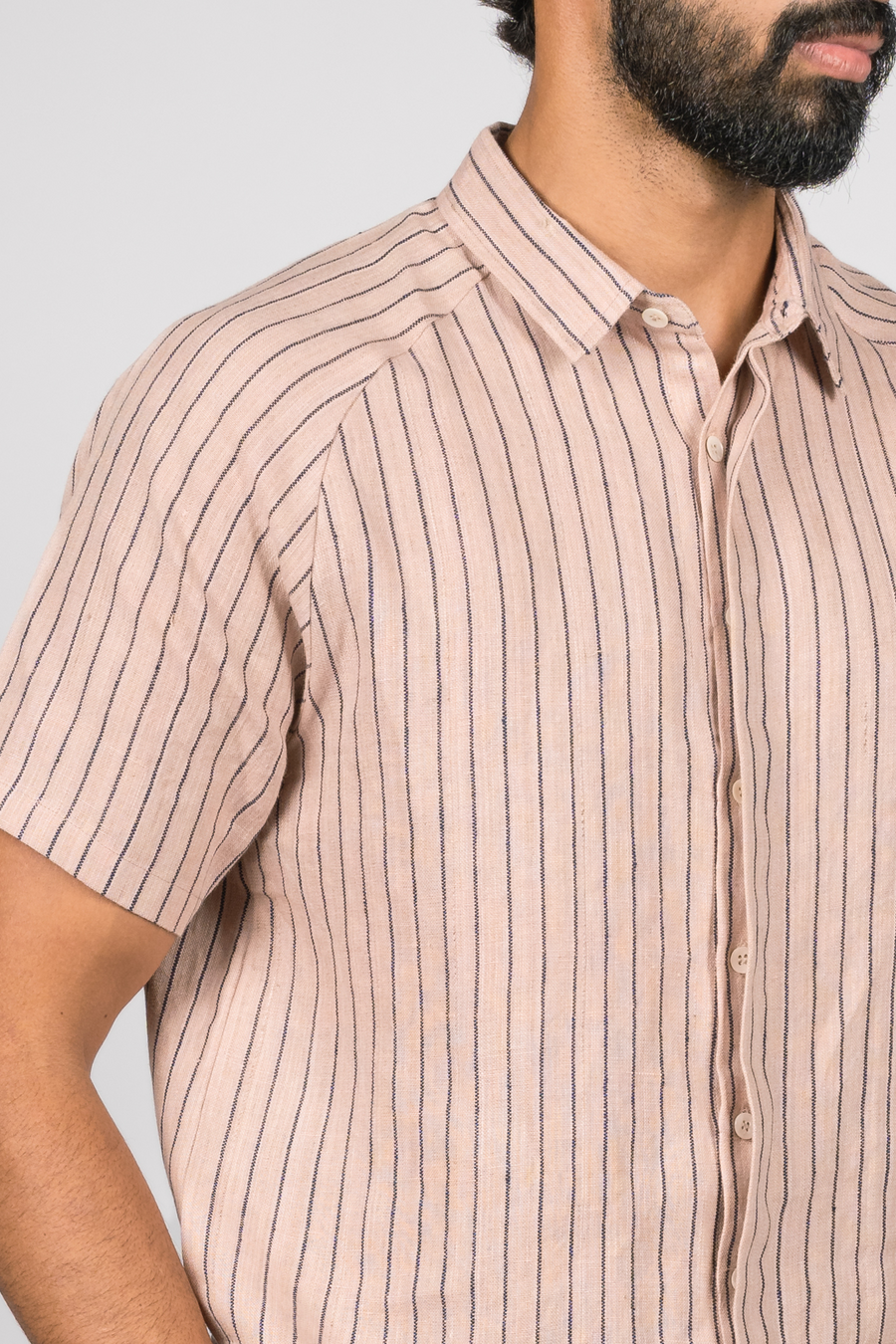 JOHAN Handloom Linen Pink navy Stripe Raglan Sleeve Shirt for Men