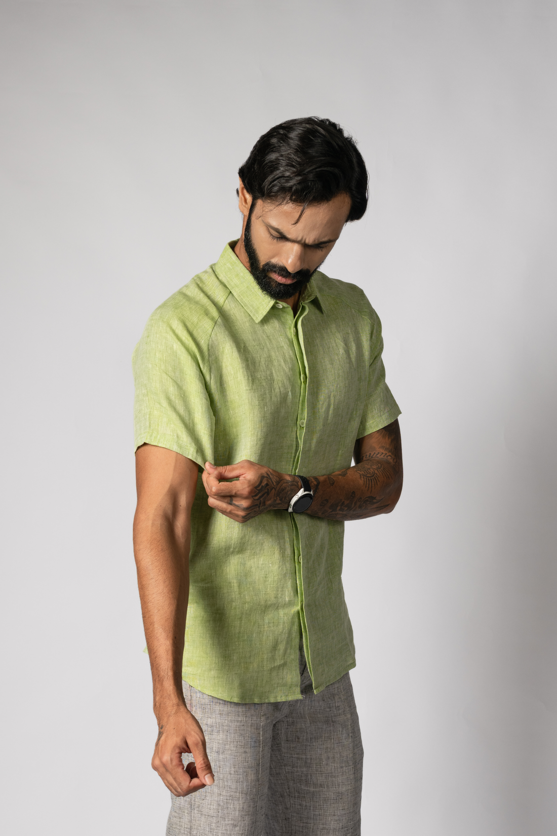 JOHAN Handloom Linen Green Raglan Sleeve Shirt for Men