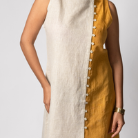 NINA handloom Linen Beige Mustard Color block Dress