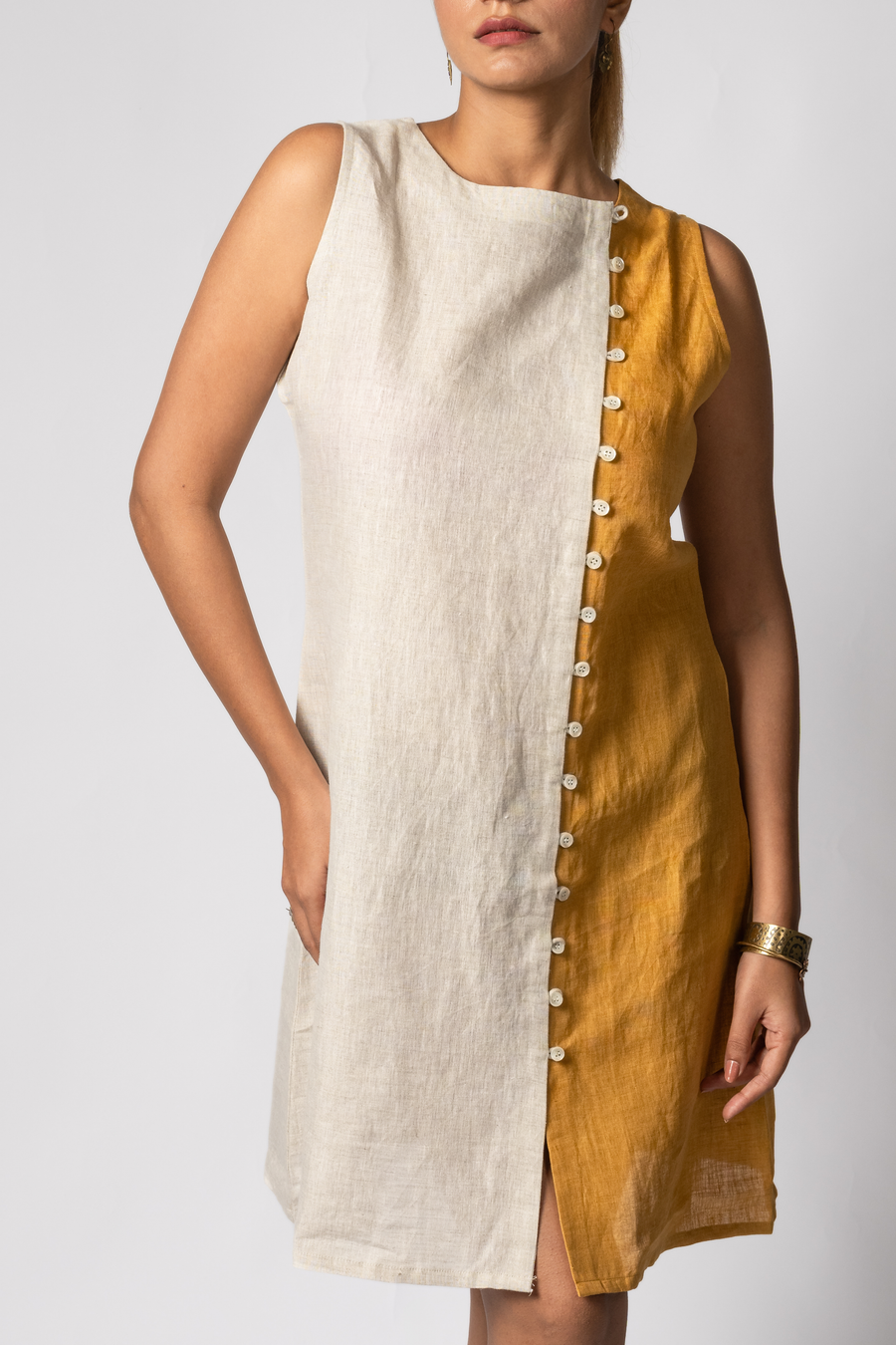 NINA handloom Linen Beige Mustard Color block Dress