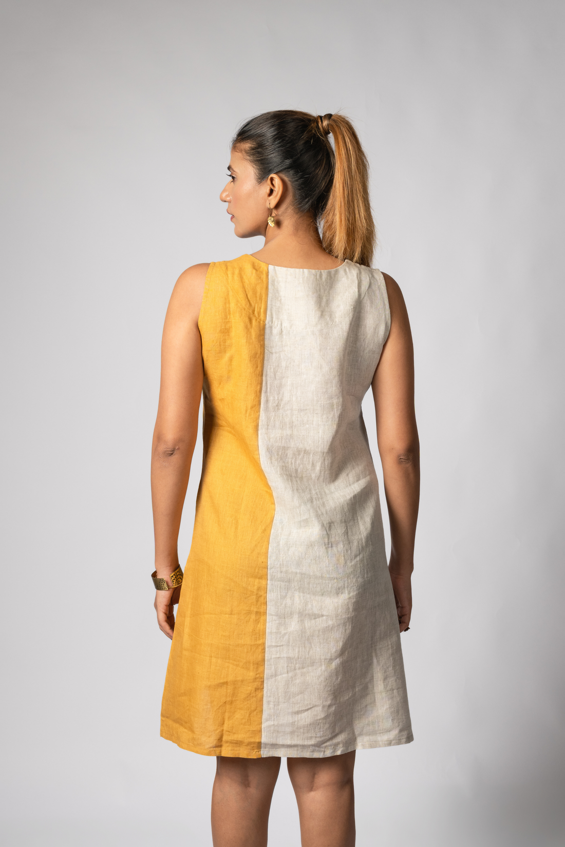 NINA handloom Linen Beige Mustard Color block Dress