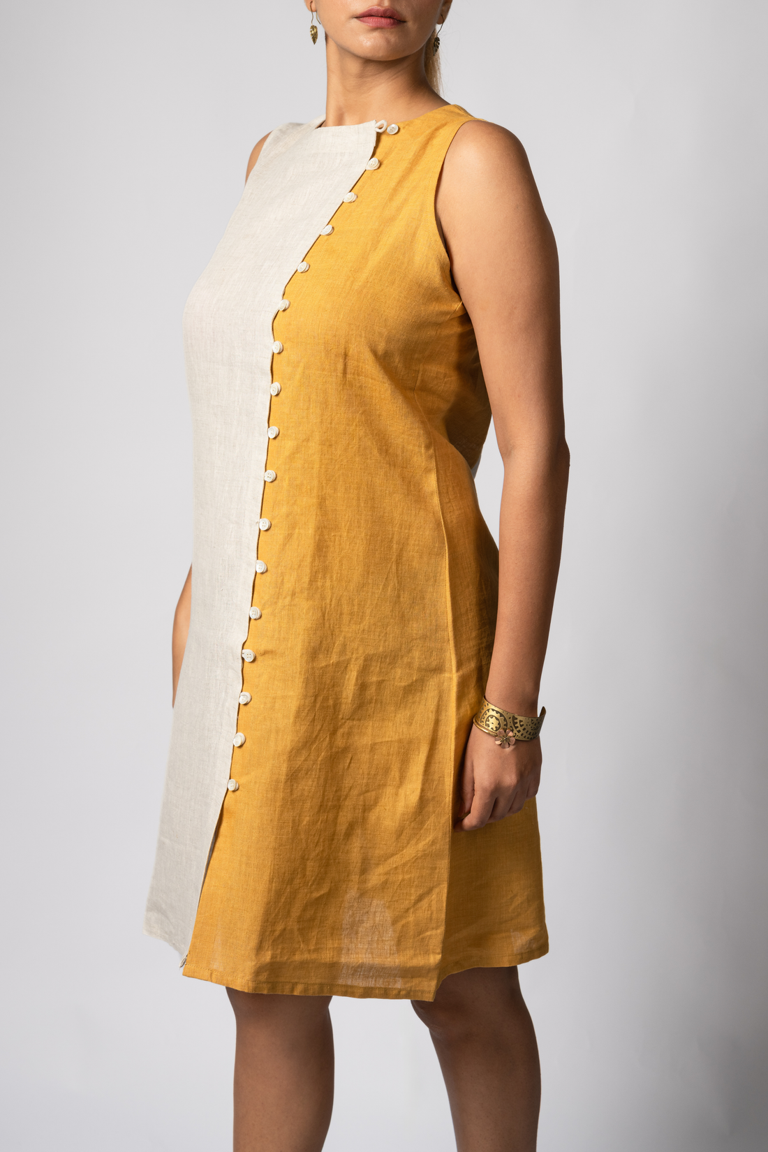 NINA handloom Linen Beige Mustard Color block Dress