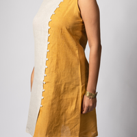 NINA handloom Linen Beige Mustard Color block Dress