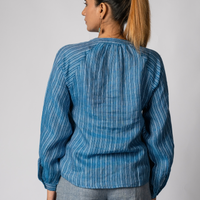 ELSIE Handloom Linen Indigo Stripe Raglan Sleeve Shirt