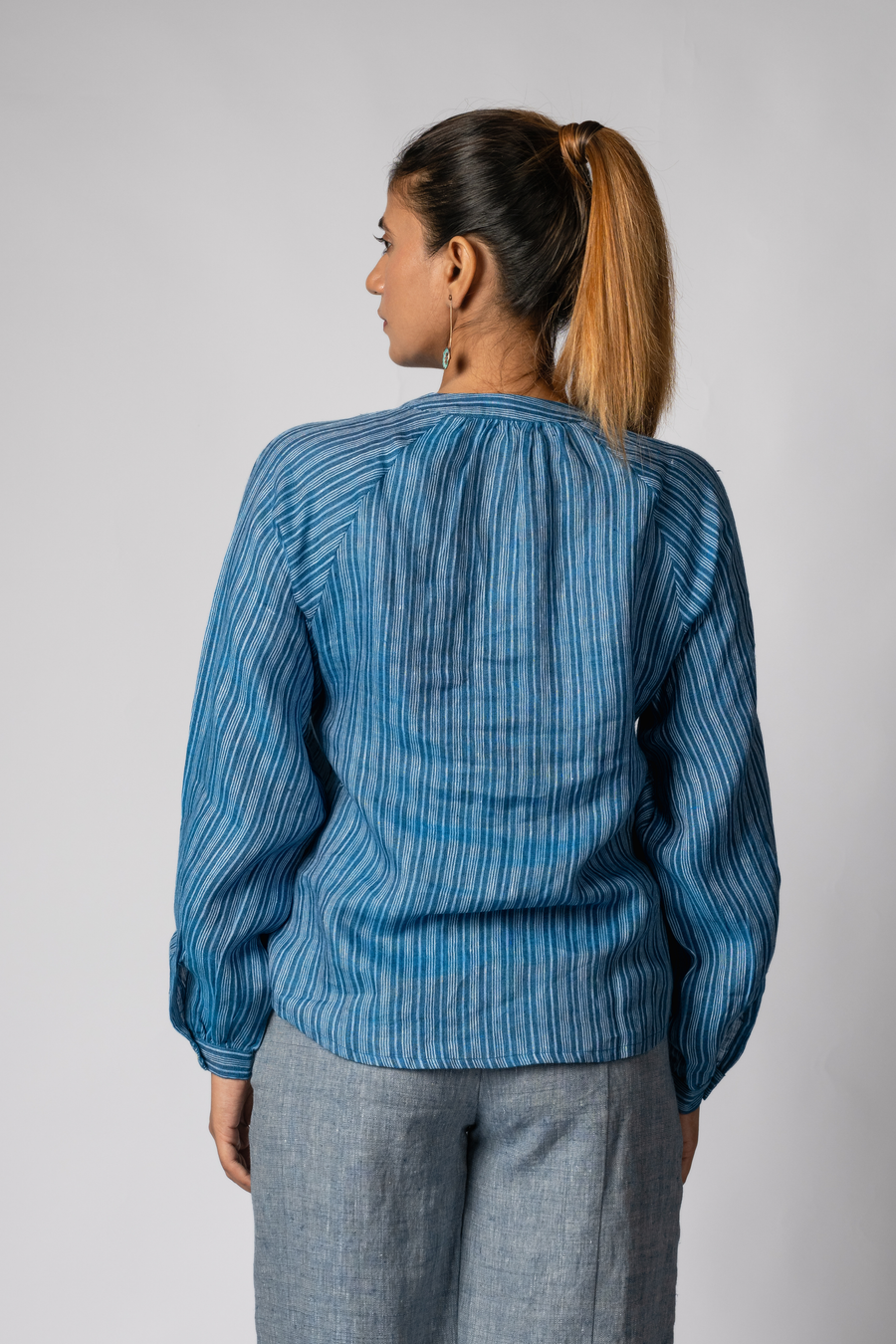 ELSIE Handloom Linen Indigo Stripe Raglan Sleeve Shirt