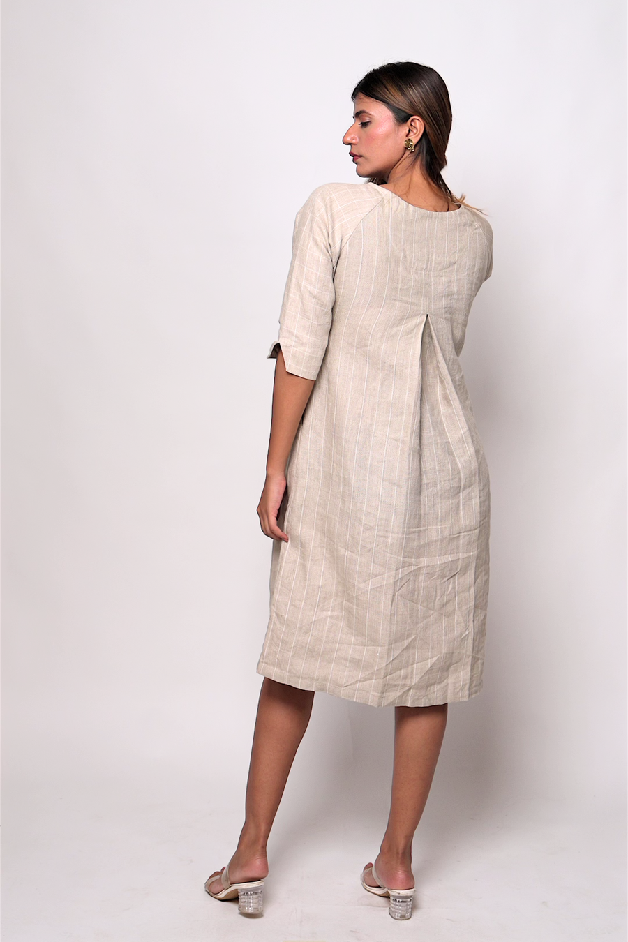 TILDA Beige Handloom Linen Dress in Check and Stripes