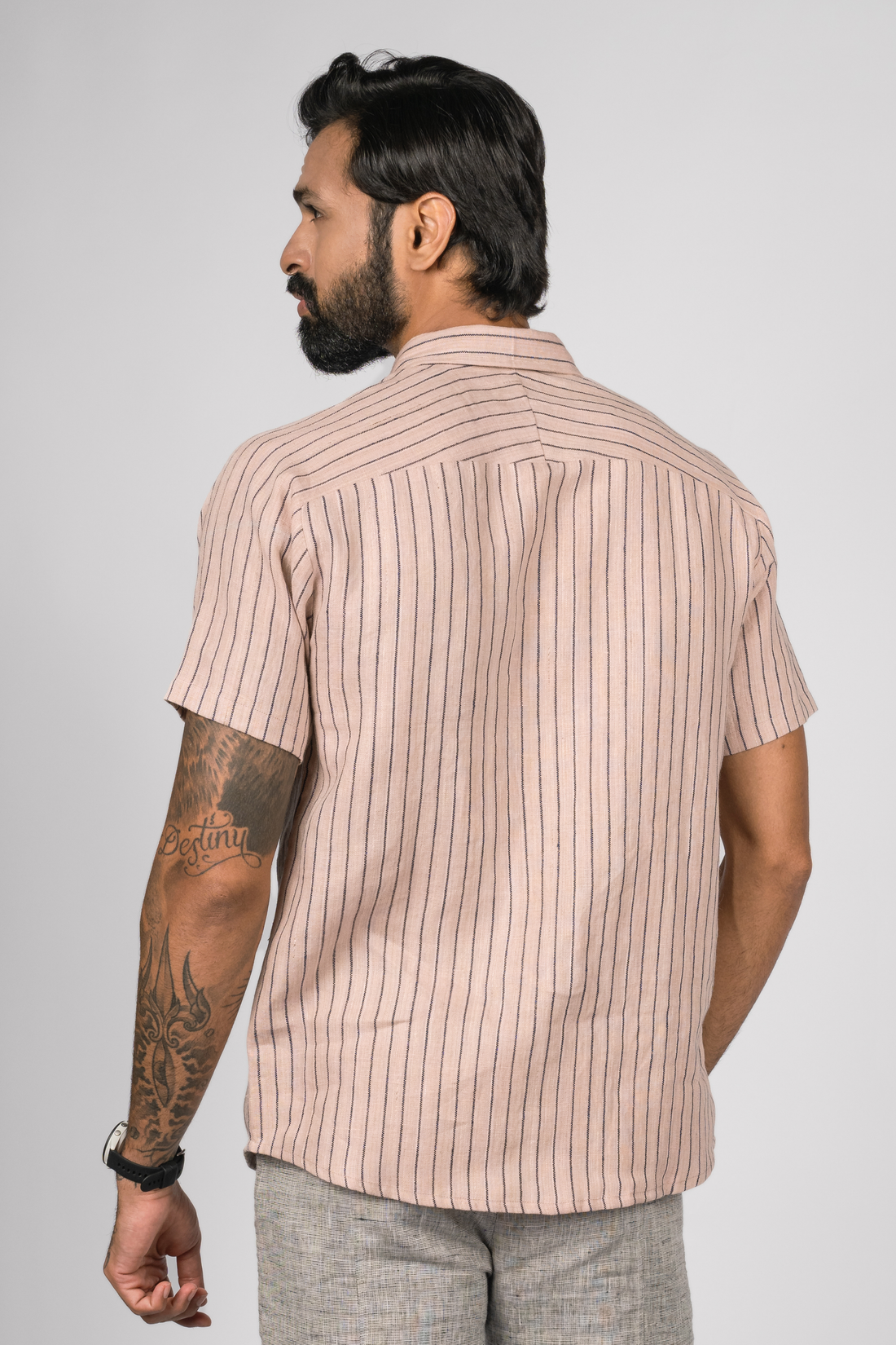 JOHAN Handloom Linen Pink navy Stripe Raglan Sleeve Shirt for Men