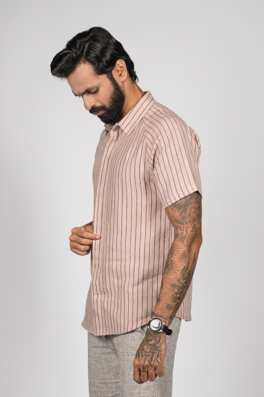 JOHAN Handloom Linen Pink navy Stripe Raglan Sleeve Shirt for Men