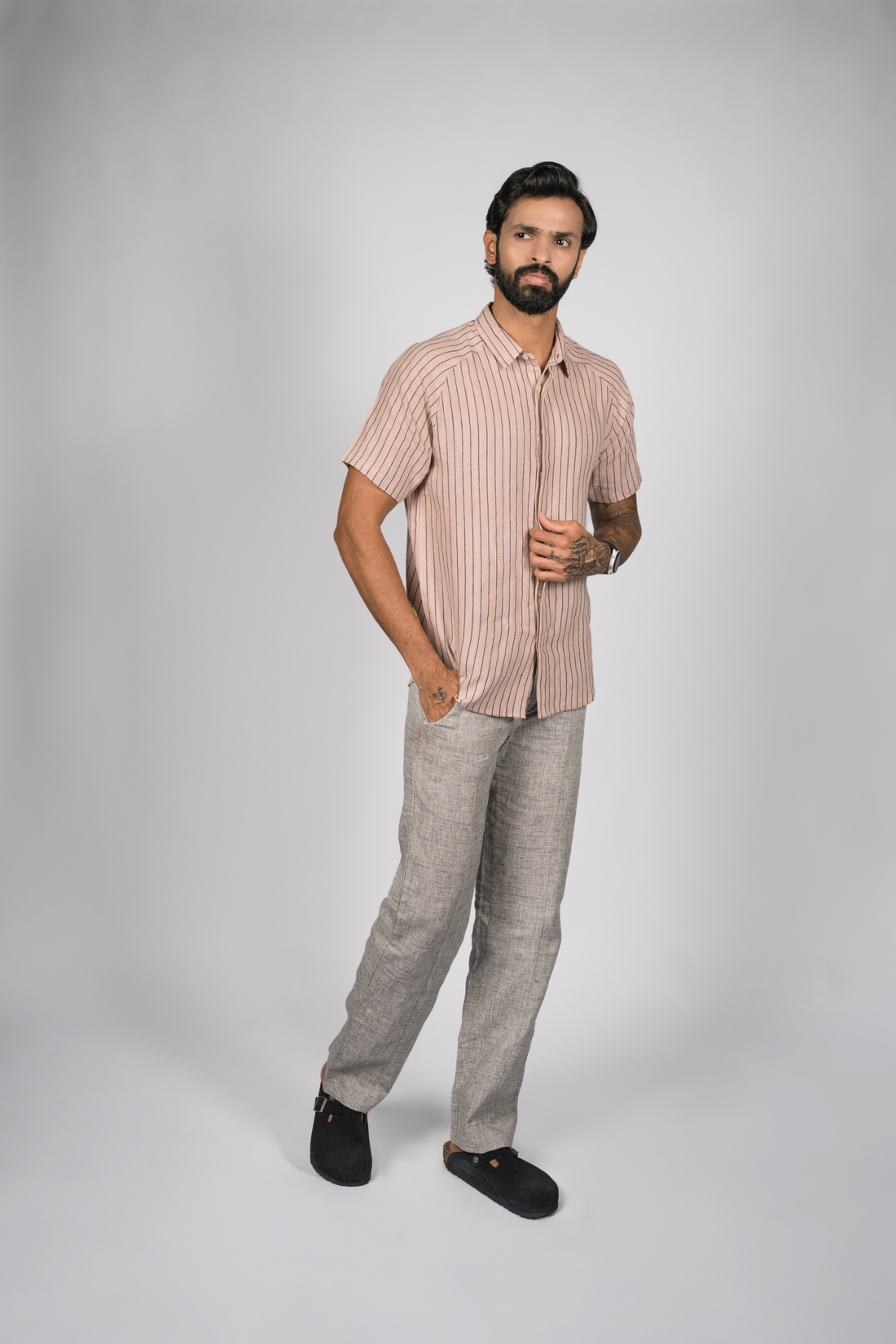 JOHAN Handloom Linen Pink navy Stripe Raglan Sleeve Shirt for Men