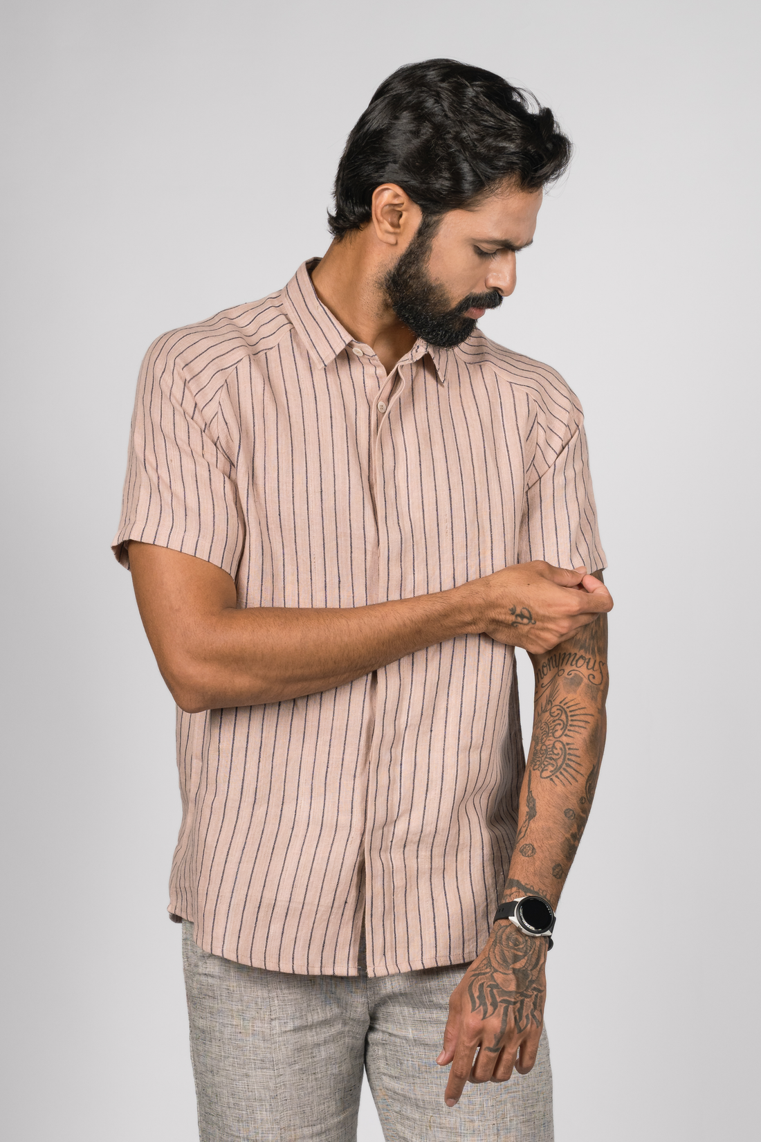 JOHAN Handloom Linen Pink navy Stripe Raglan Sleeve Shirt for Men