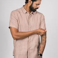 JOHAN Handloom Linen Pink navy Stripe Raglan Sleeve Shirt for Men