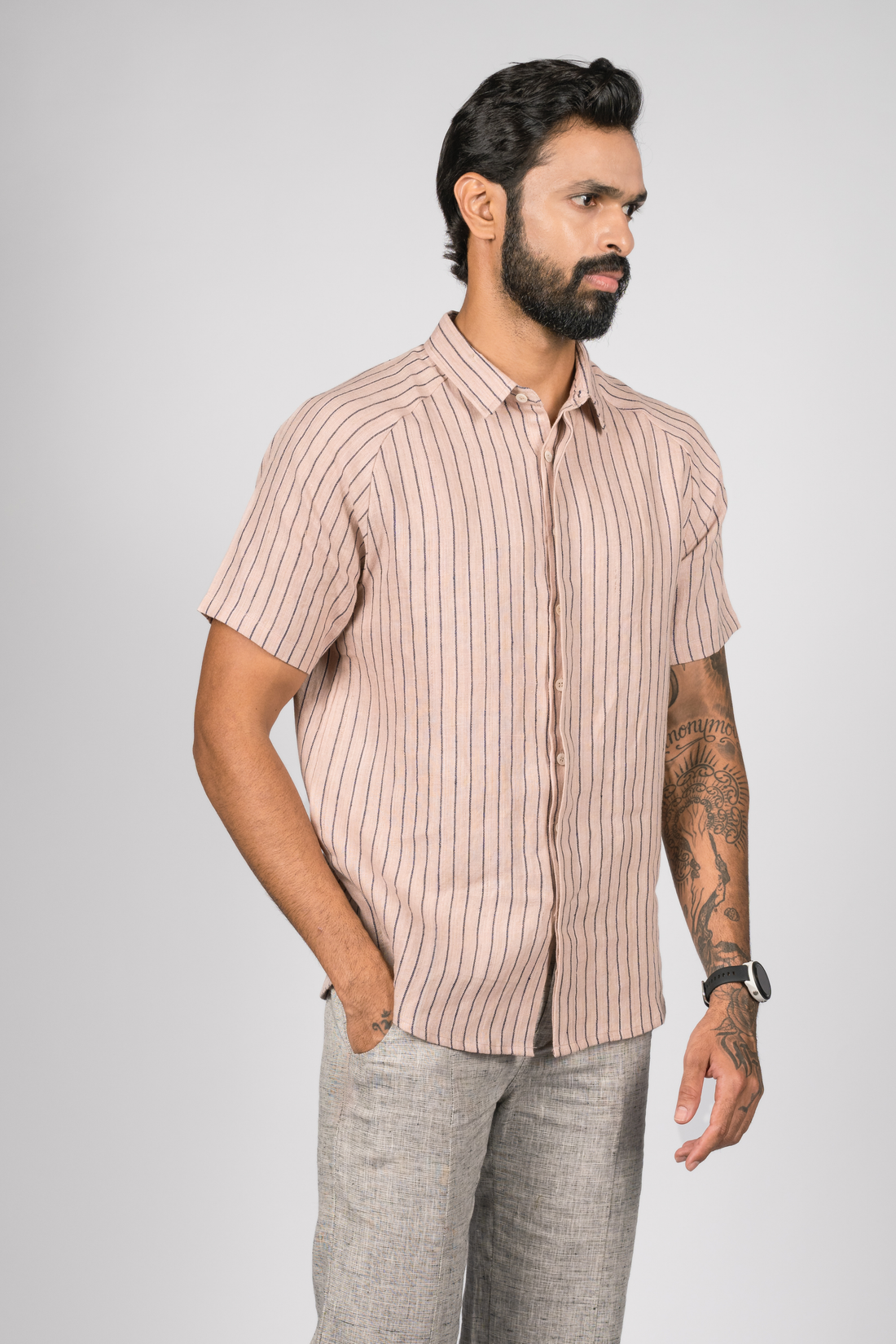 JOHAN Handloom Linen Pink navy Stripe Raglan Sleeve Shirt for Men