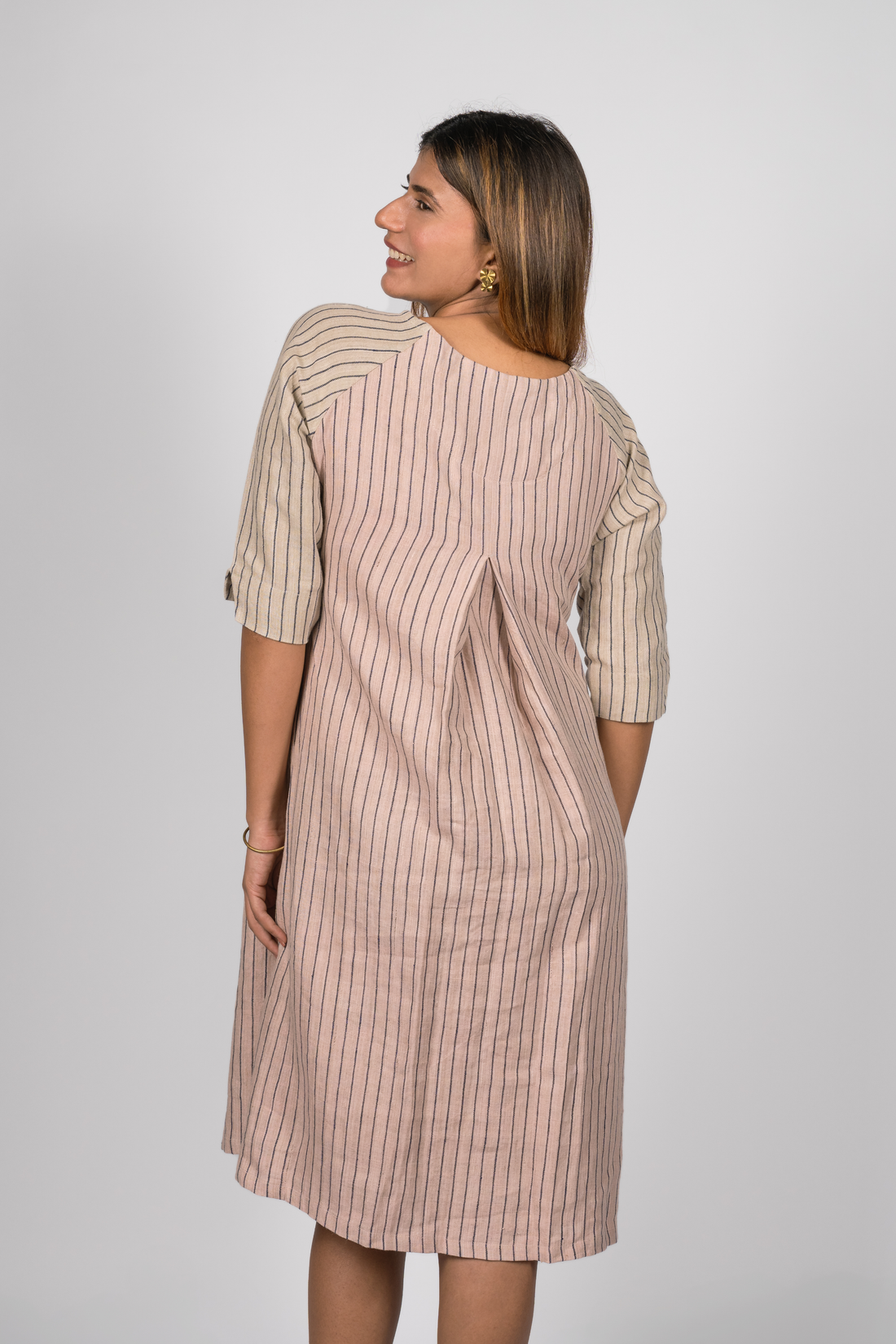 TILDA Handloom Linen Dress in Pink and indigo Stripes