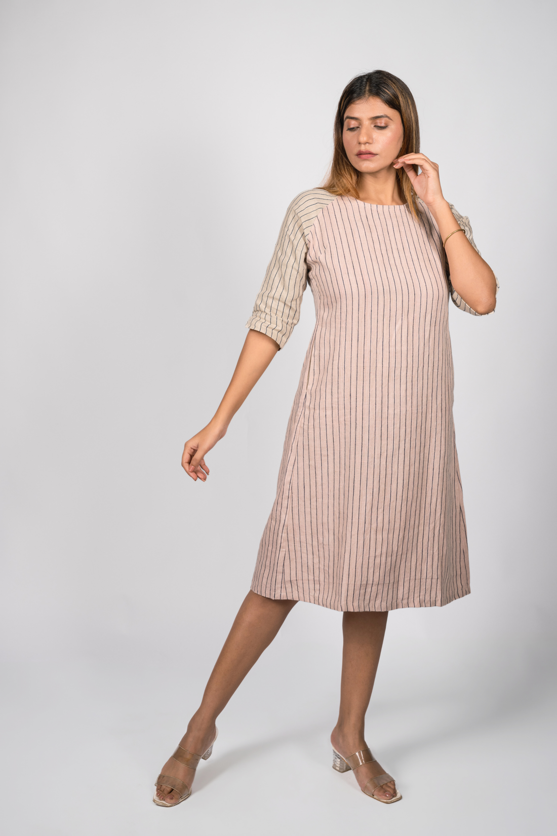 TILDA Handloom Linen Dress in Pink and indigo Stripes