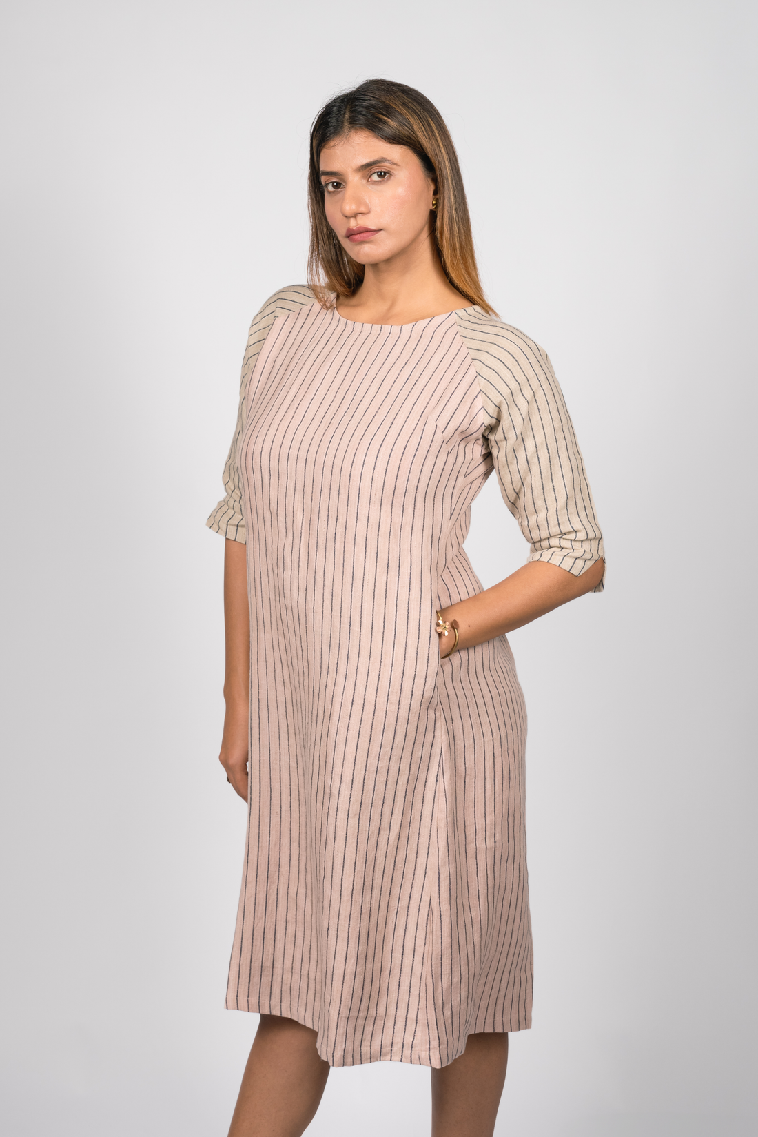 TILDA Handloom Linen Dress in Pink and indigo Stripes