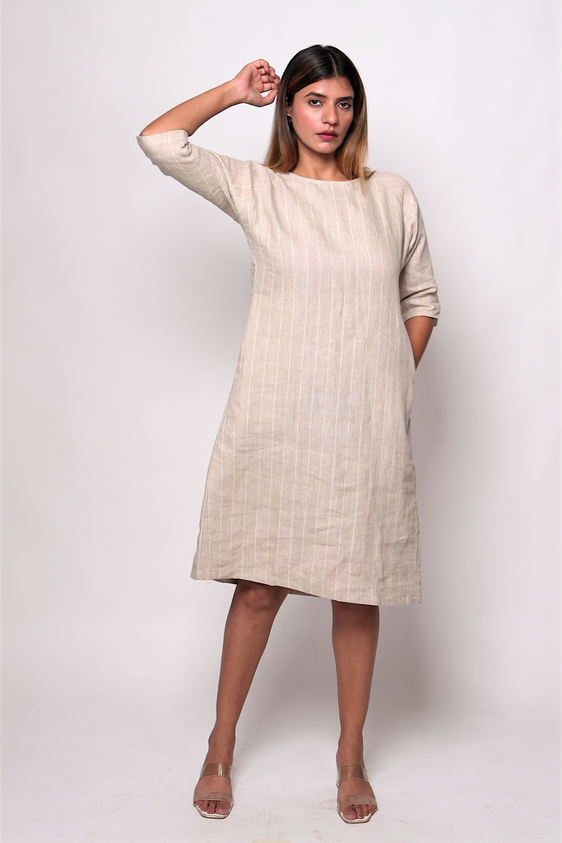 TILDA Beige Handloom Linen Dress in Check and Stripes