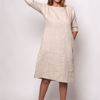 TILDA Beige Handloom Linen Dress in Check and Stripes