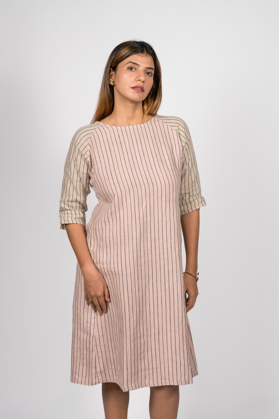 TILDA Handloom Linen Dress in Pink and indigo Stripes