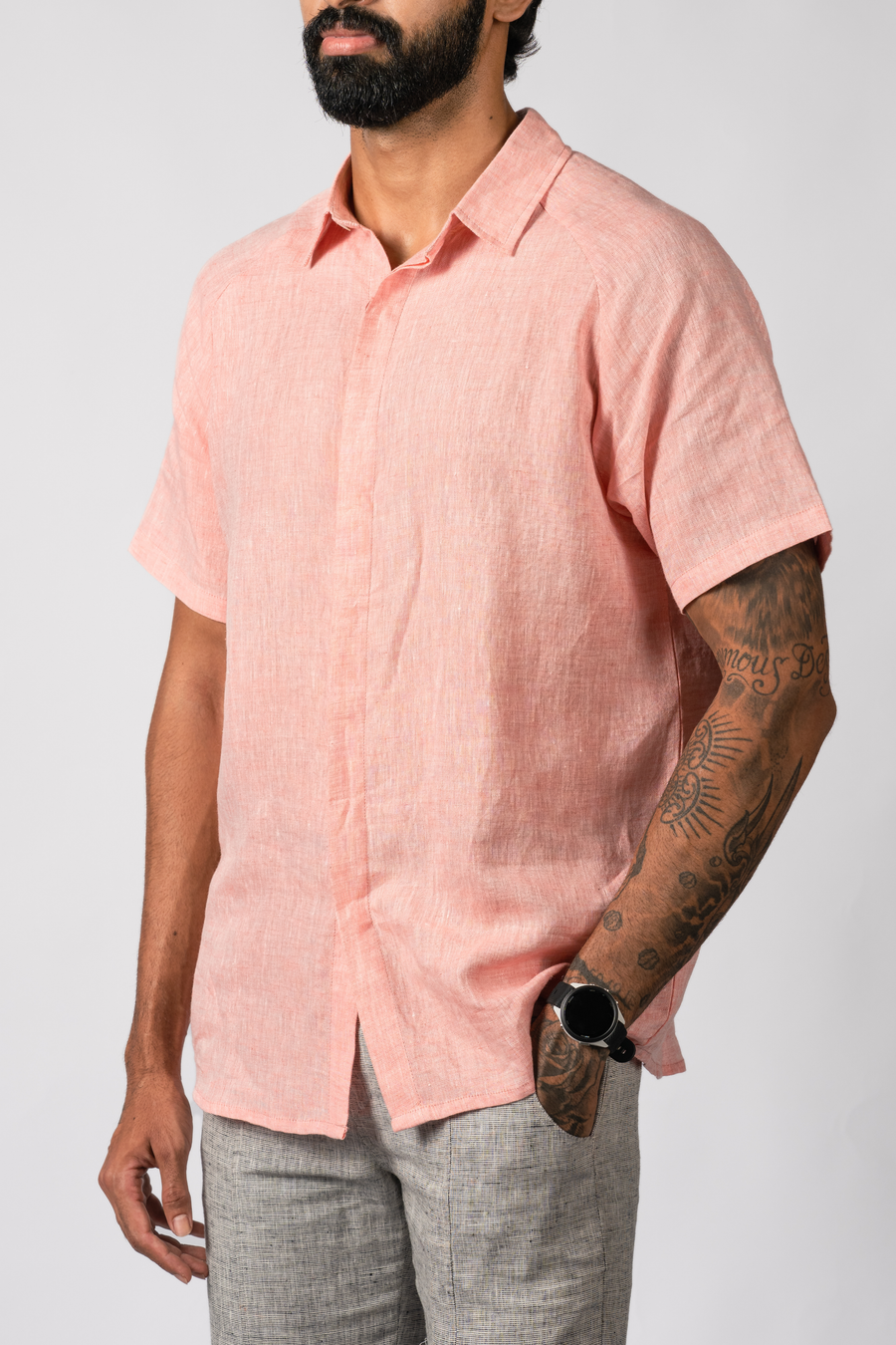 JOHAN Handloom Linen Pink raglan Sleeve Shirt for Men