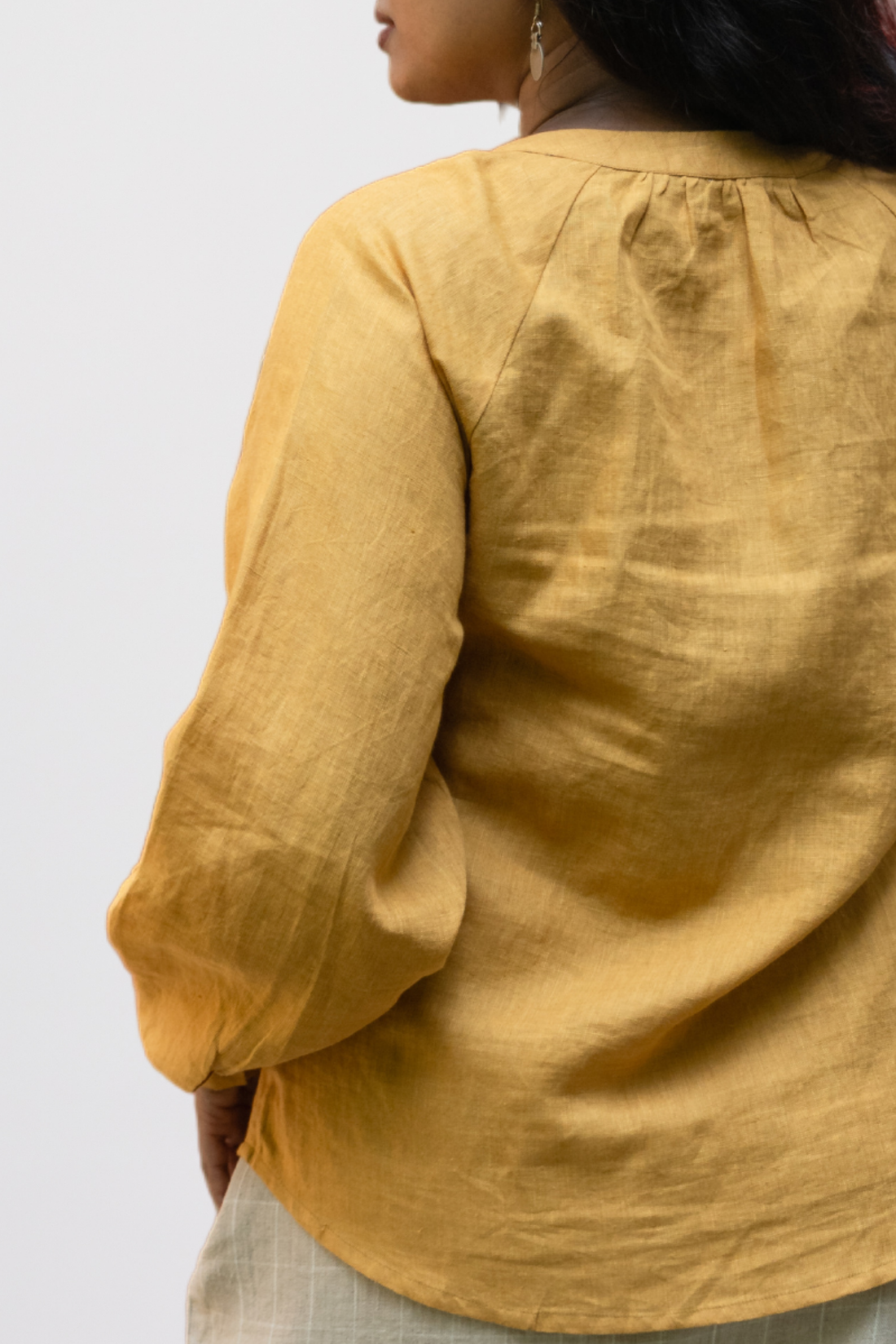 ELSIE Handloom Linen Mustard Raglan Sleeve Shirt