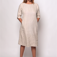 TILDA Beige Handloom Linen Dress in Check and Stripes