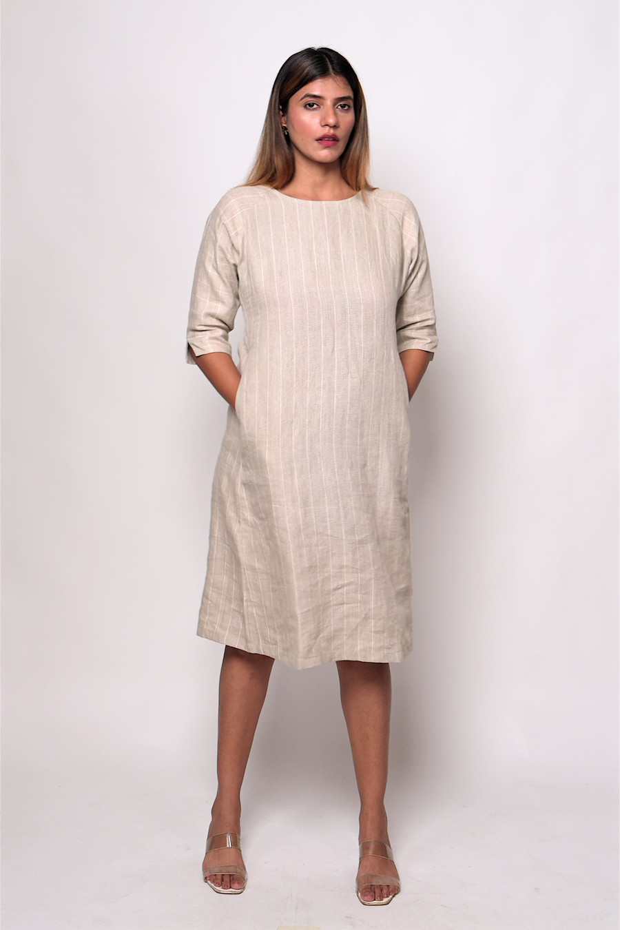 TILDA Beige Handloom Linen Dress in Check and Stripes