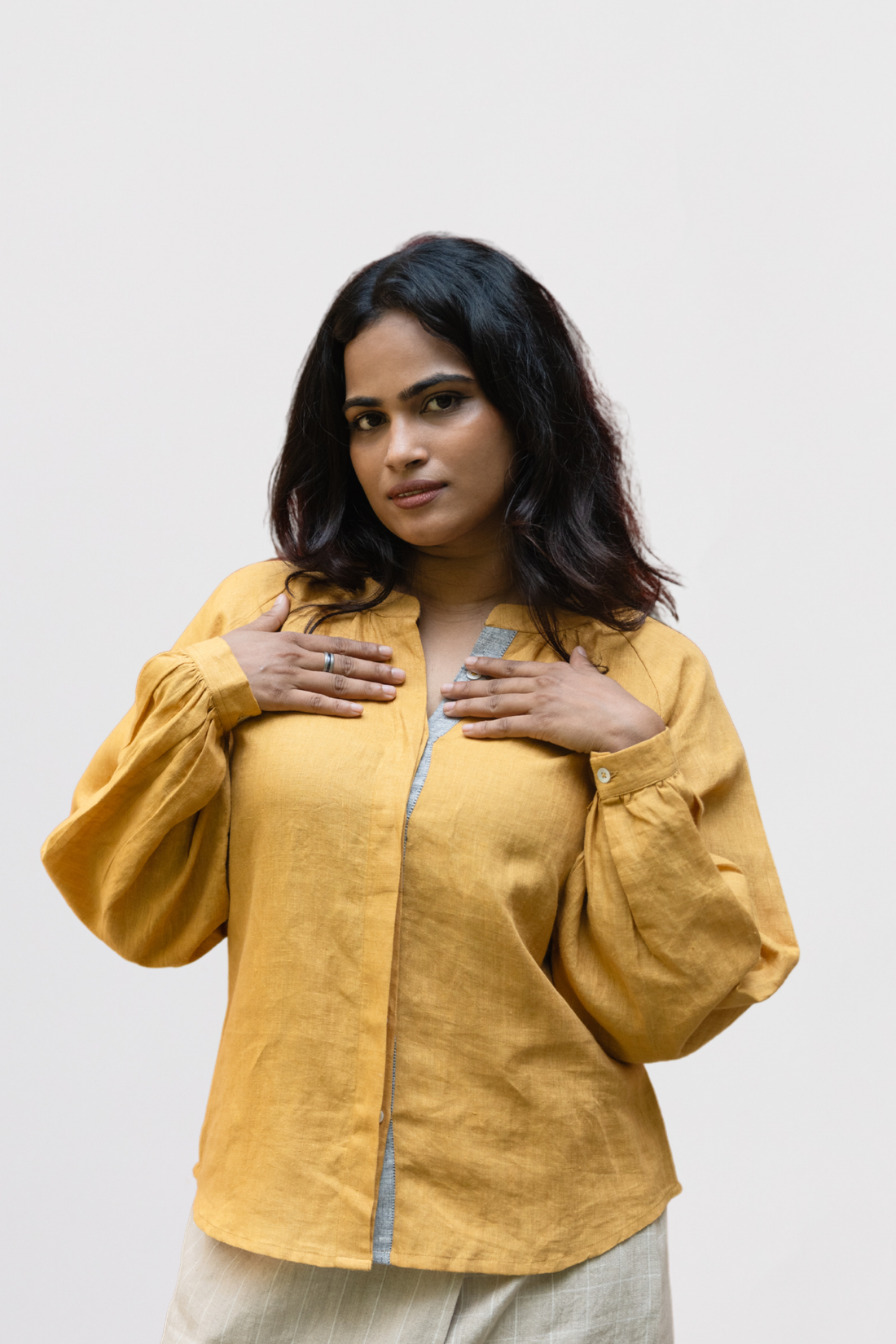 ELSIE Handloom Linen Mustard Raglan Sleeve Shirt