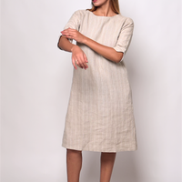 TILDA Beige Handloom Linen Dress in Check and Stripes