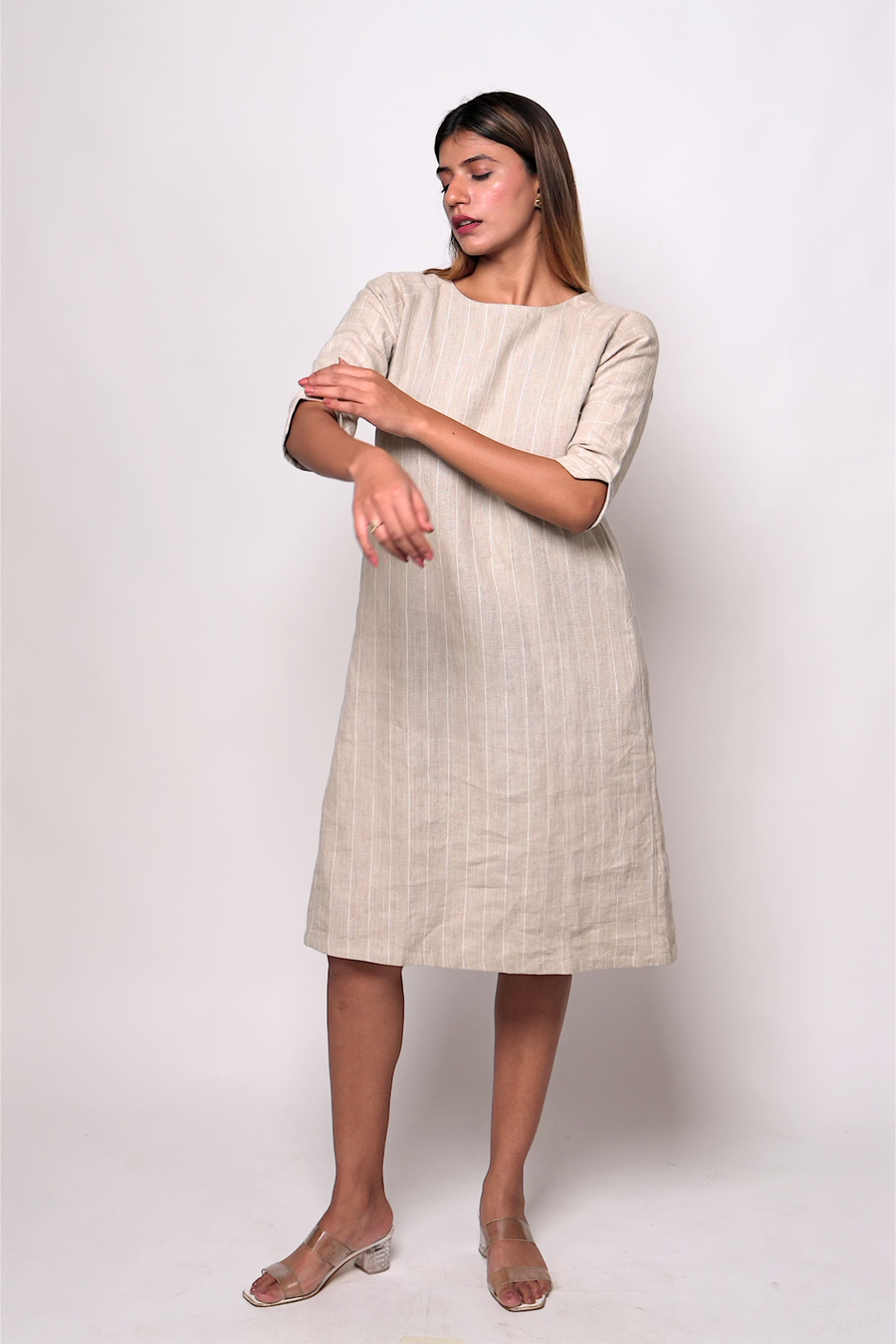 TILDA Beige Handloom Linen Dress in Check and Stripes