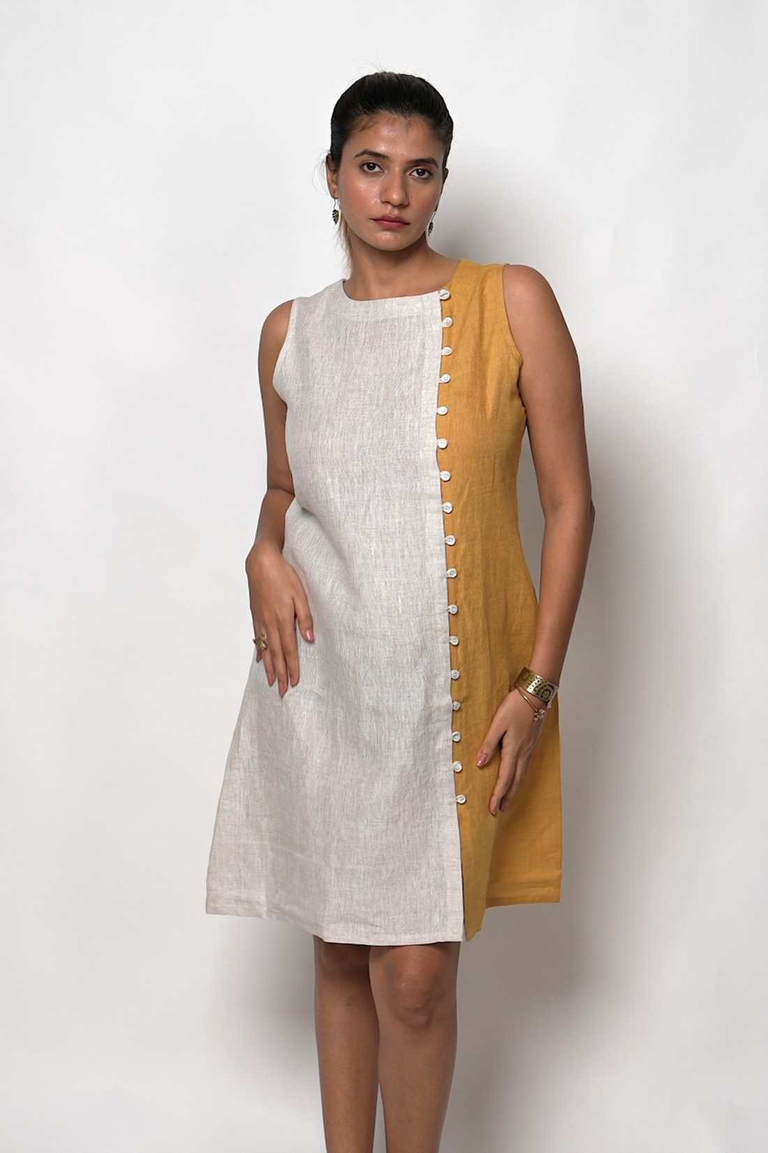 NINA handloom Linen Beige Mustard Color block Dress