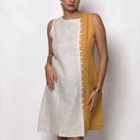 NINA handloom Linen Beige Mustard Color block Dress