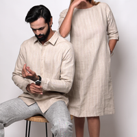 ANTON Handloom Linen Beige Stripe Check Raglan Sleeve Shirt for Men