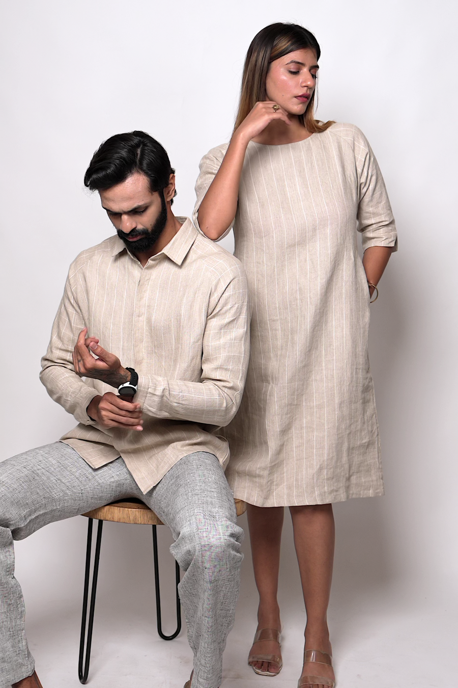 ANTON Handloom Linen Beige Stripe Check Raglan Sleeve Shirt for Men