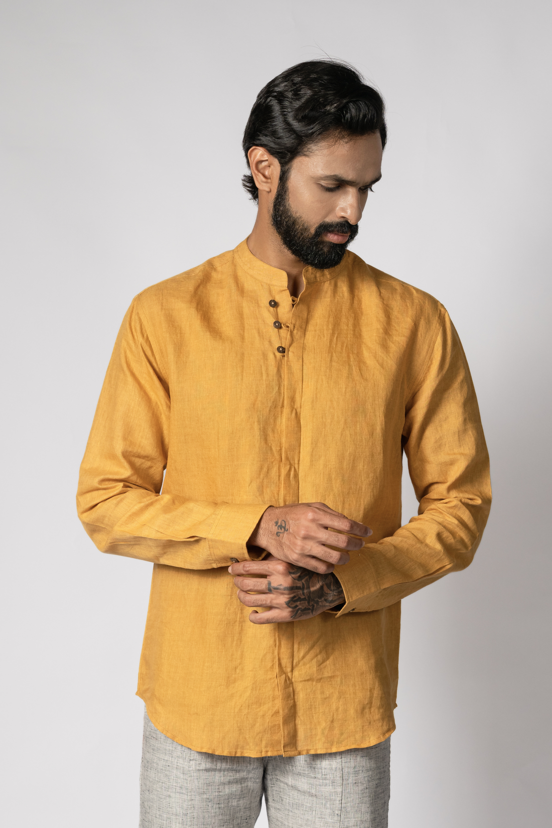 LEO Handloom Linen Mustard Shirt for Men