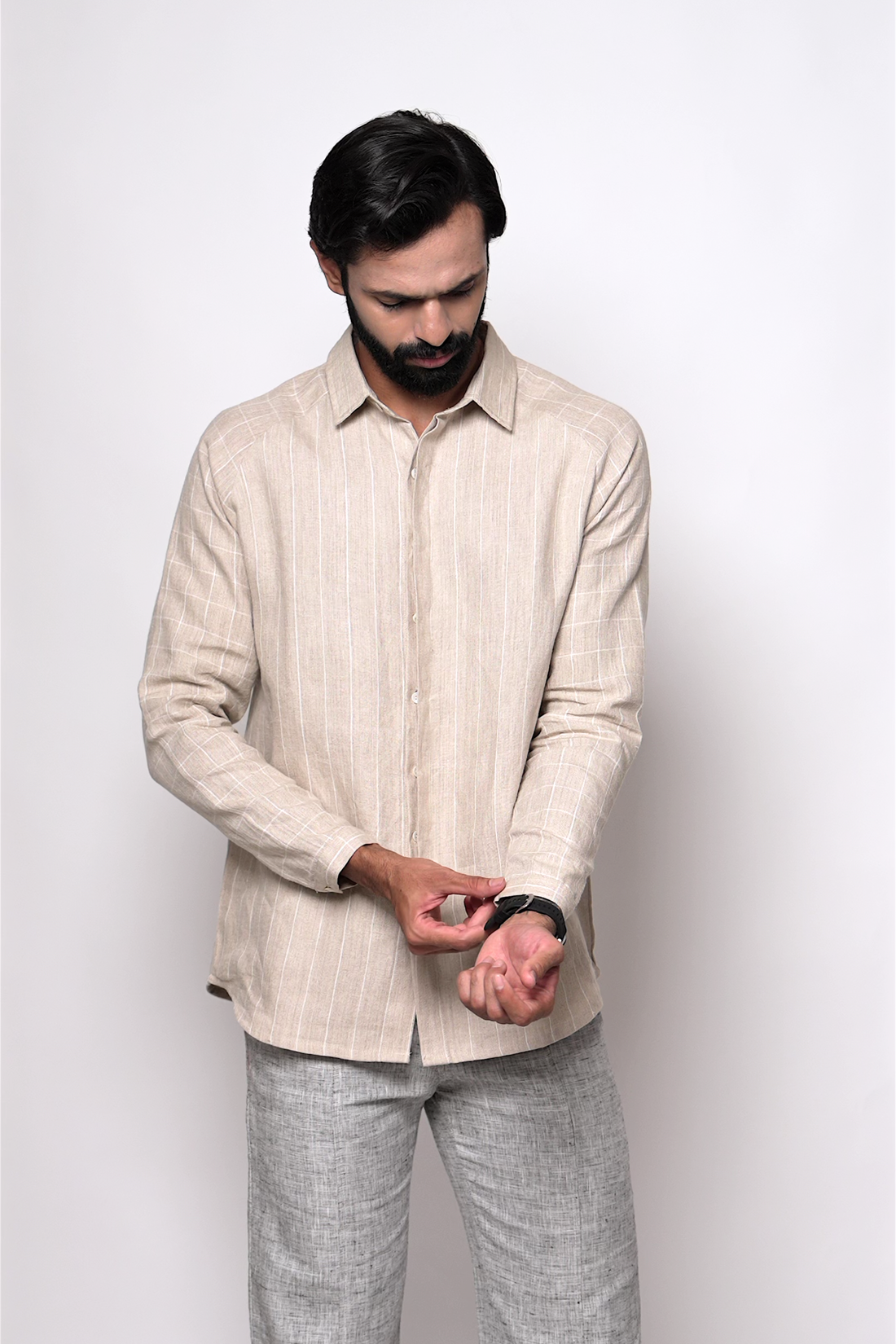 ANTON Handloom Linen Beige Stripe Check Raglan Sleeve Shirt for Men