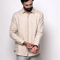 ANTON Handloom Linen Beige Stripe Check Raglan Sleeve Shirt for Men