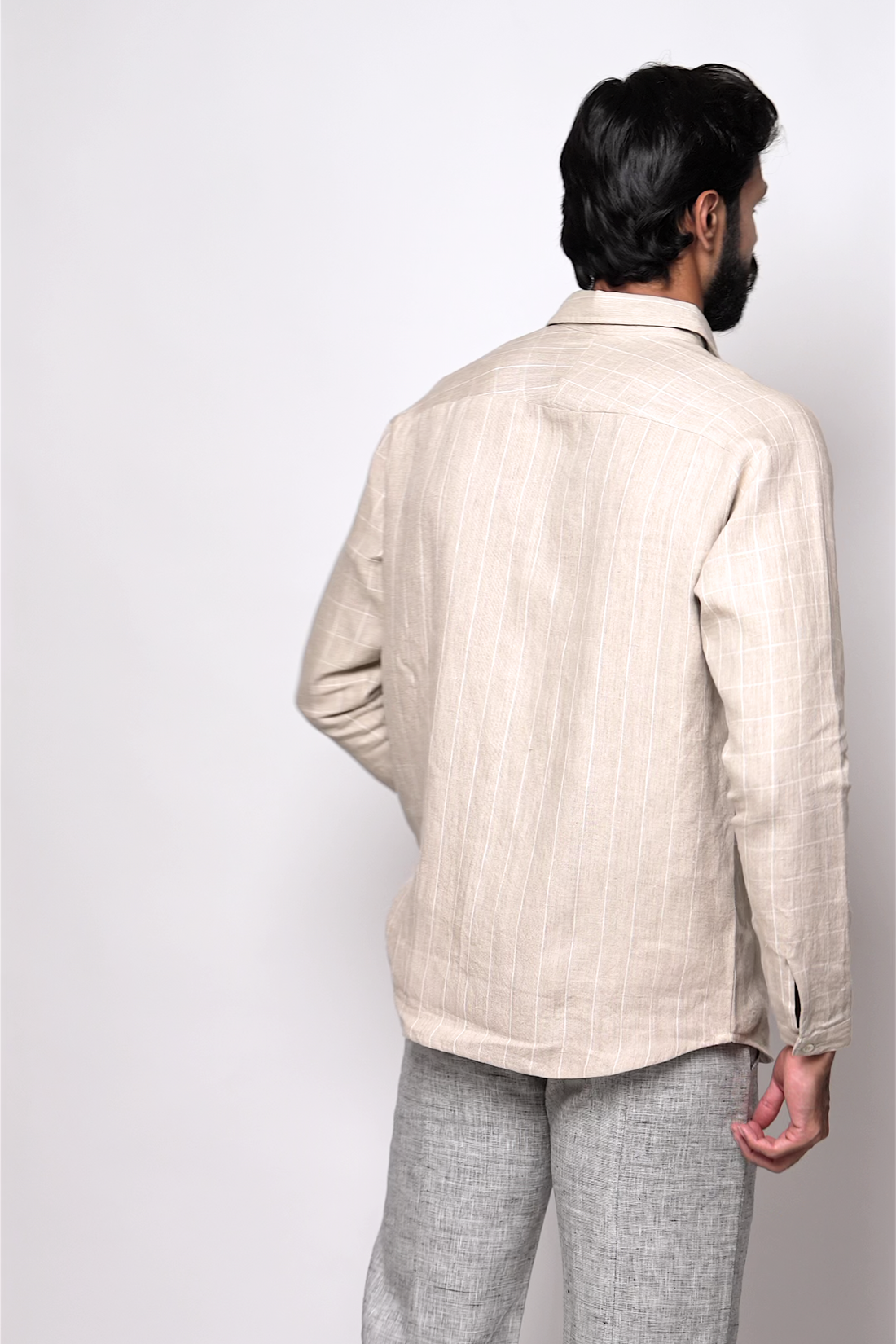 ANTON Handloom Linen Beige Stripe Check Raglan Sleeve Shirt for Men