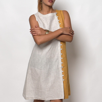 NINA handloom Linen Beige Mustard Color block Dress