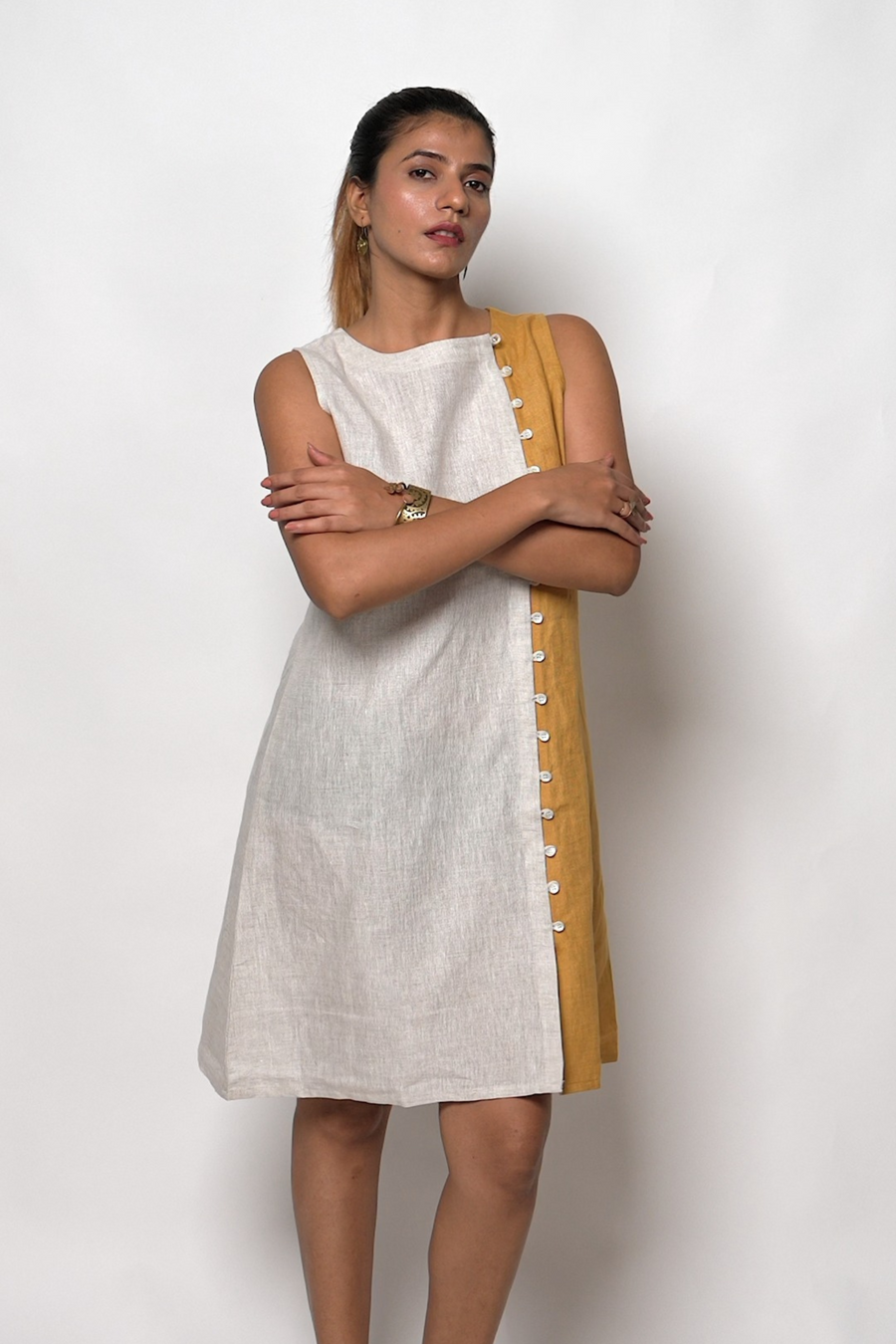 NINA handloom Linen Beige Mustard Color block Dress