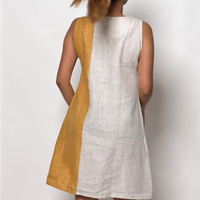 NINA handloom Linen Beige Mustard Color block Dress