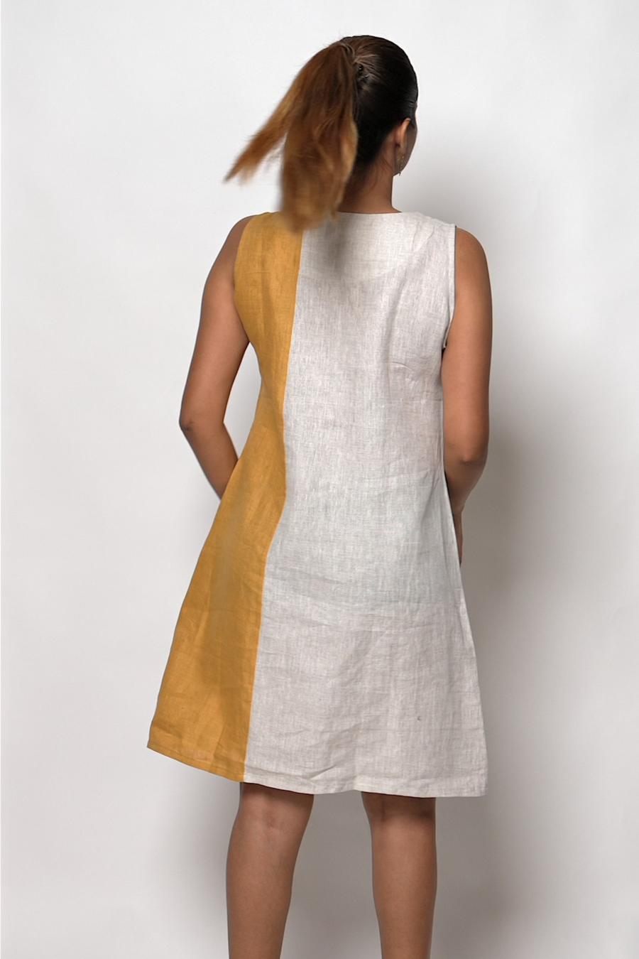 NINA handloom Linen Beige Mustard Color block Dress