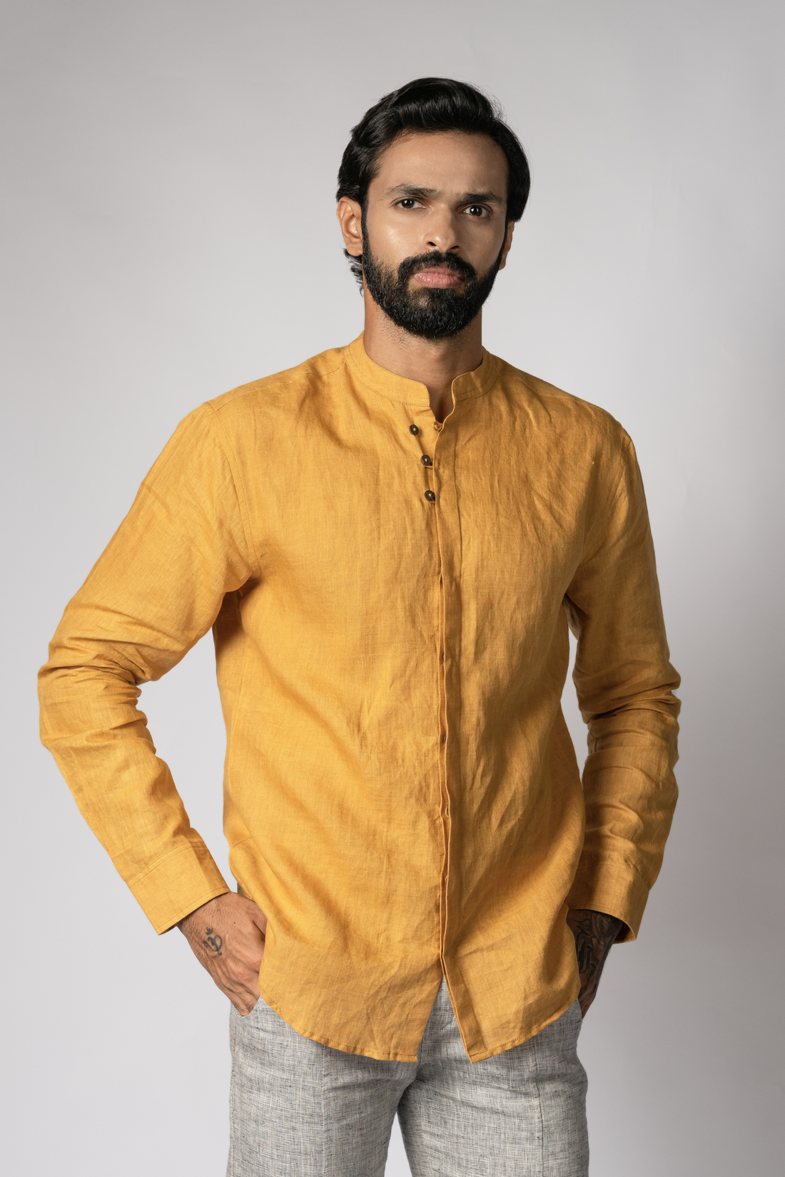 LEO Handloom Linen Mustard Shirt for Men