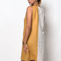 NINA handloom Linen Beige Mustard Color block Dress