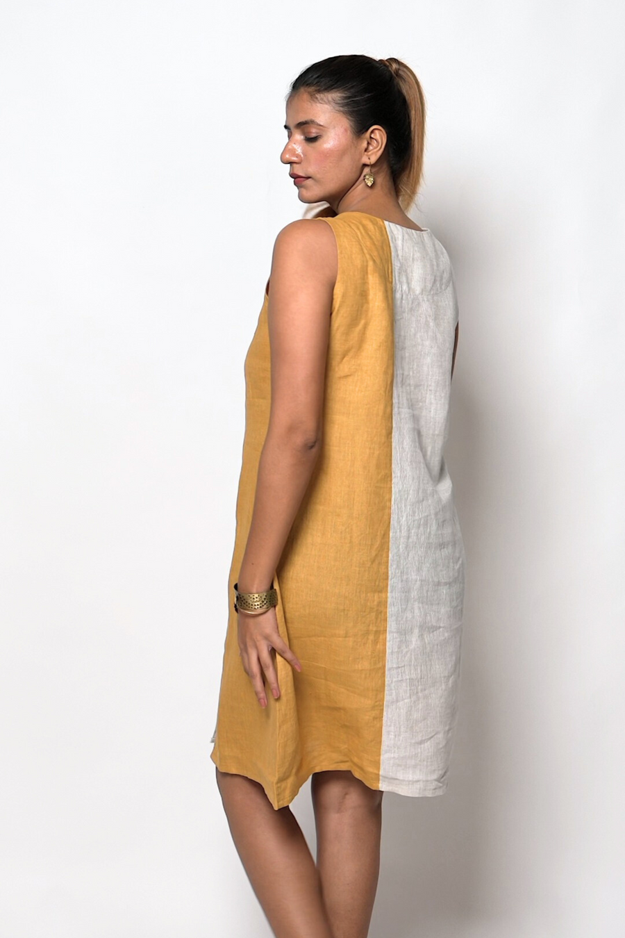 NINA handloom Linen Beige Mustard Color block Dress