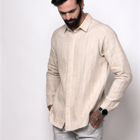 ANTON Handloom Linen Beige Stripe Check Raglan Sleeve Shirt for Men