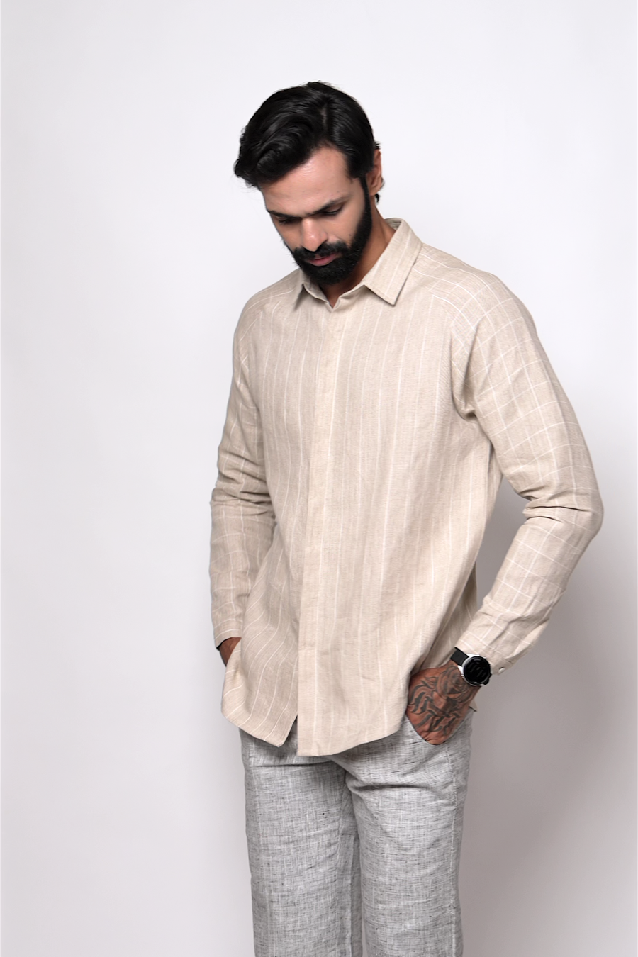 ANTON Handloom Linen Beige Stripe Check Raglan Sleeve Shirt for Men