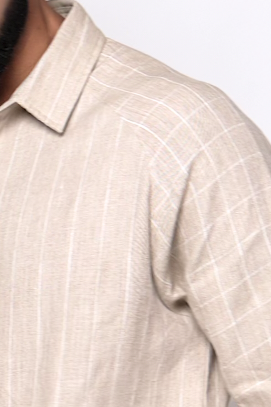 ANTON Handloom Linen Beige Stripe Check Raglan Sleeve Shirt for Men